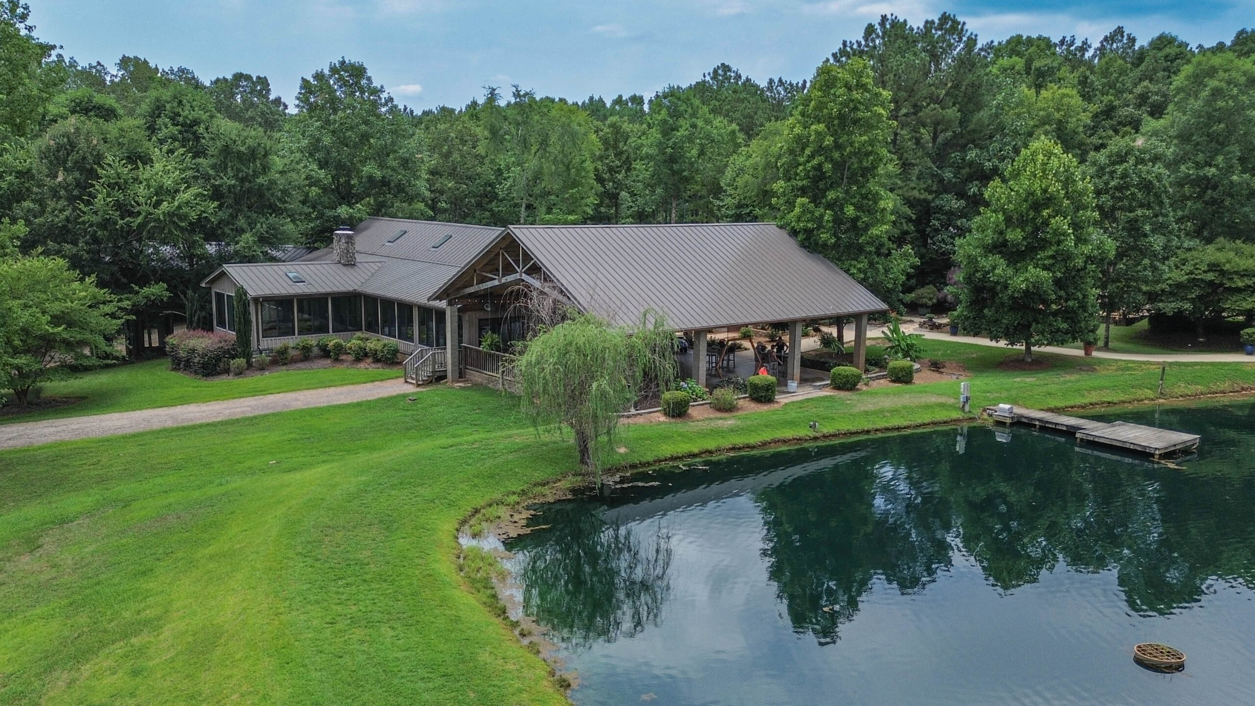 Aerial view of Rock Bottom Pond reception hall, patio and pond
